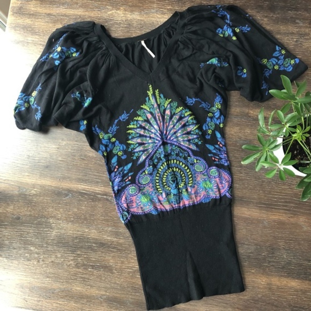 Y2K Free People Butterfly Sleeve Printed Boho Top XS Festival Fairycore